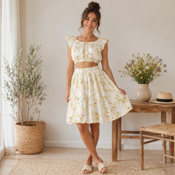 a new day Dresses & Skirts - A New Day Yellow Floral 2 Piece Set Crop Top and Midi Skirt XL Womens White
